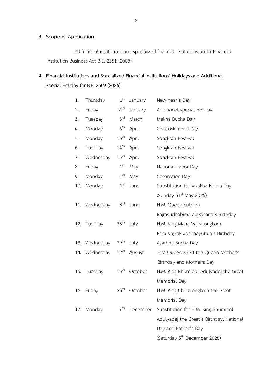 Bank of Thailand notice page in English listing financial institution holidays for the year, including Makha Bucha, the Visakha Bucha substitute day and Asarnha Bucha.