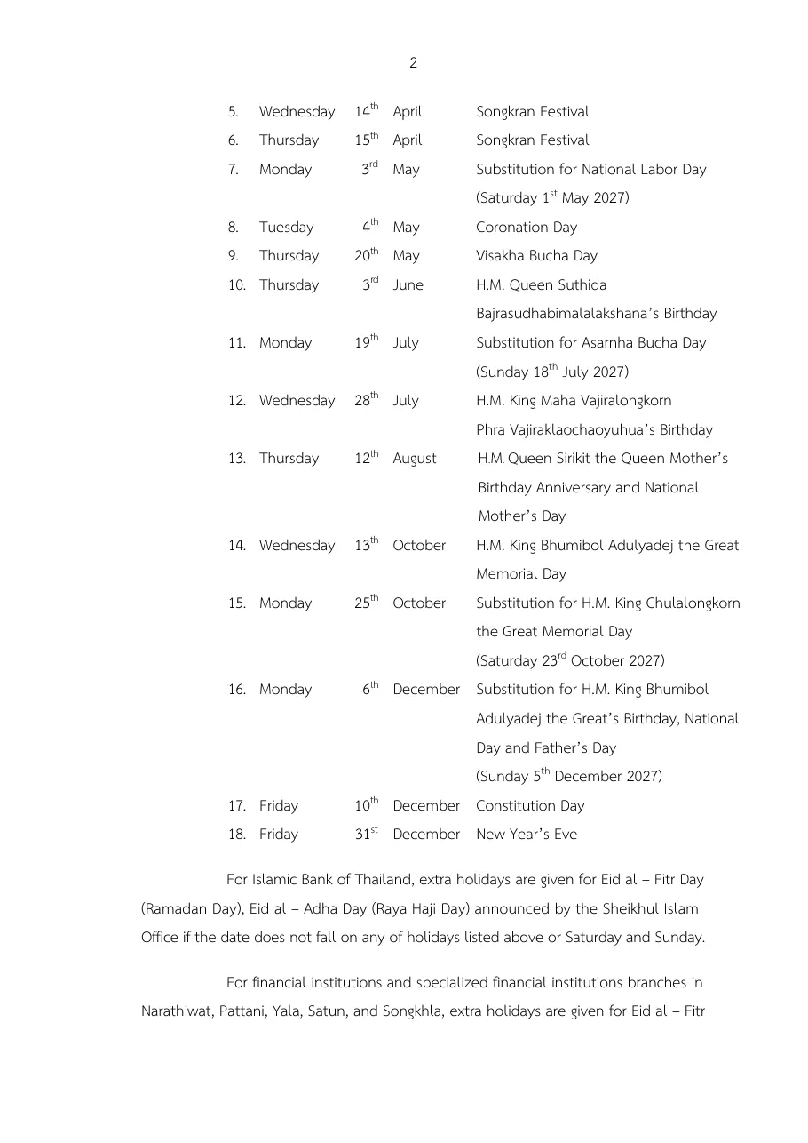 Bank of Thailand notice page in English listing next year's bank holidays, with Visakha Bucha and the substitute day for Asarnha Bucha.