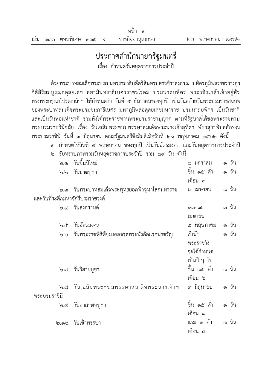 Royal Gazette page in Thai listing the annual public holidays, with the lunar date given for the Buddhist days instead of a fixed day of the month.