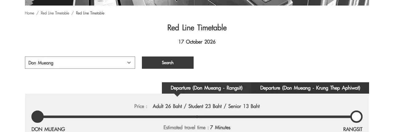 Red Line timetable page with a route selector and a fare and travel time strip for a train departing Don Mueang.