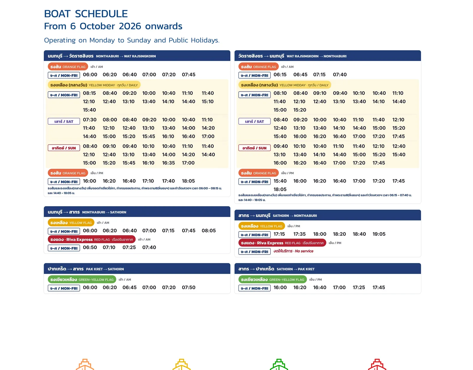 Chao Phraya Express Boat timetable from 6 October 2026: orange flag Monday to Friday peaks and yellow midday boats every day between Nonthaburi and Wat Rajsingkorn.