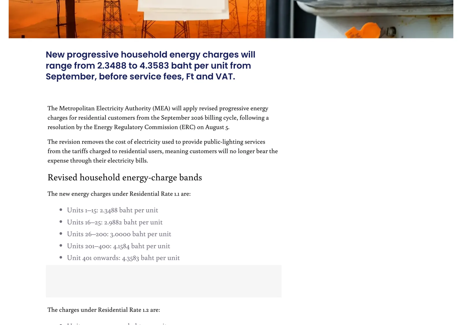 News article listing MEA household energy-charge bands per unit from September