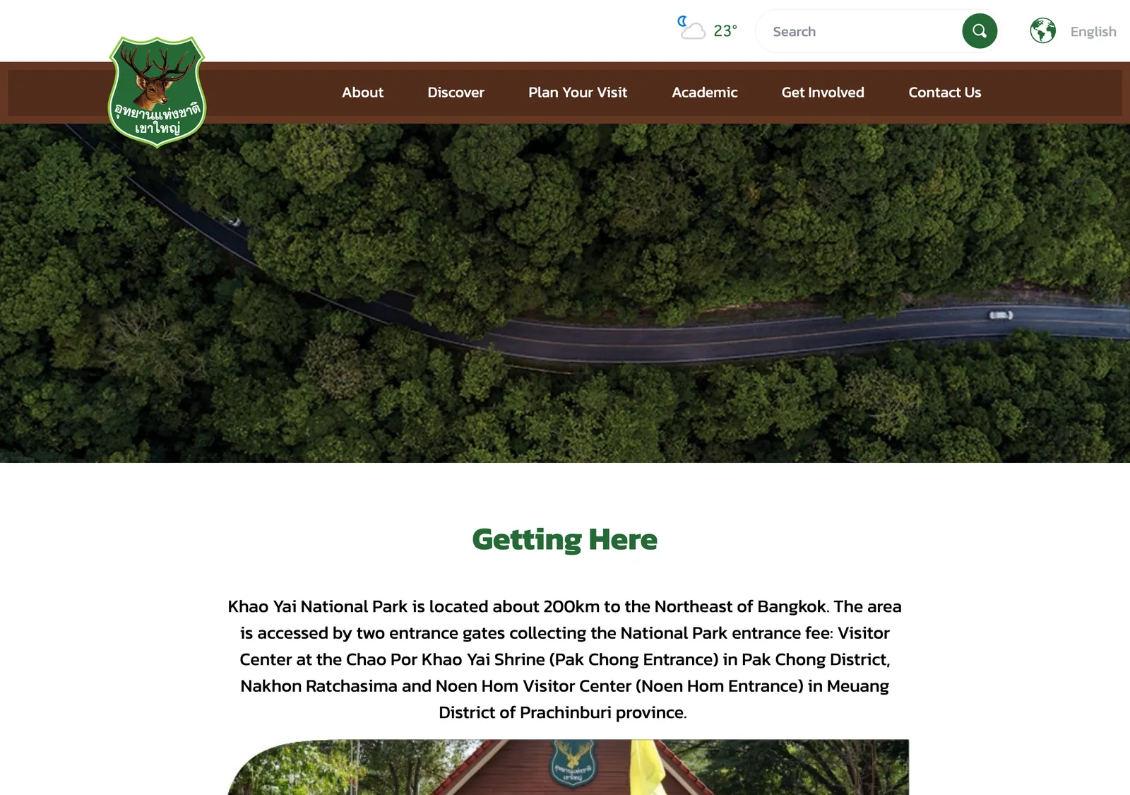 Khao Yai National Park page headed Getting Here with an aerial photo of a road through forest.