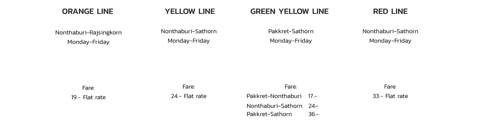 Chao Phraya Express Boat page listing the orange line at 19 baht, yellow at 24, green-yellow at 17 to 36 and red at 33, all Monday to Friday.
