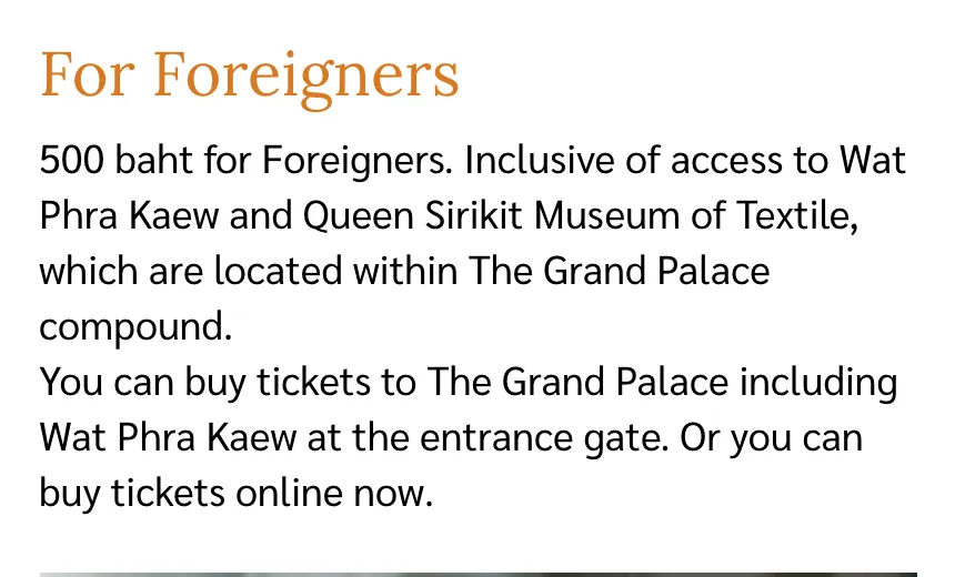 Grand Palace page section headed For Foreigners with the price of 500 baht including Wat Phra Kaew and the textile museum.