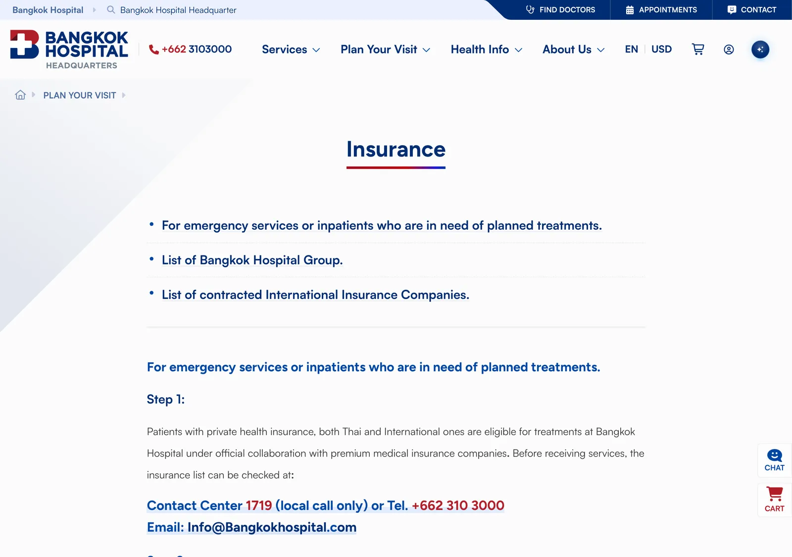 Hospital page headed Insurance with the contact center line and email under Step 1.