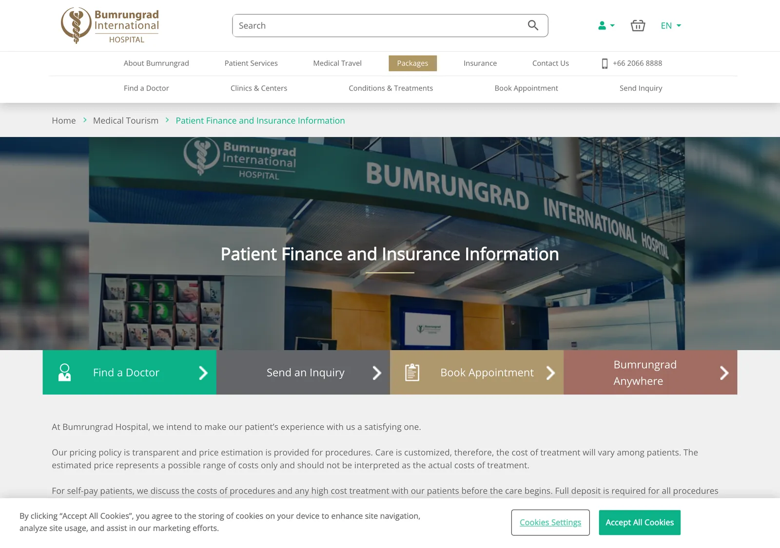 Hospital page headed Patient Finance and Insurance Information with a cookie notice at the bottom.