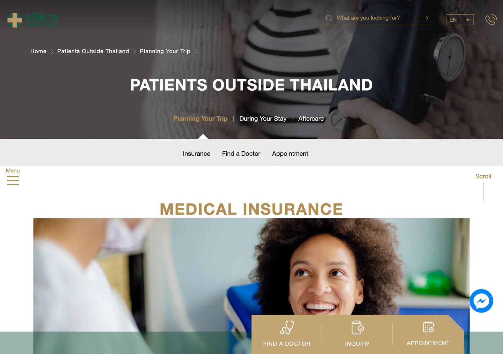 Hospital page for patients outside Thailand headed Medical Insurance with a photo of a smiling woman.