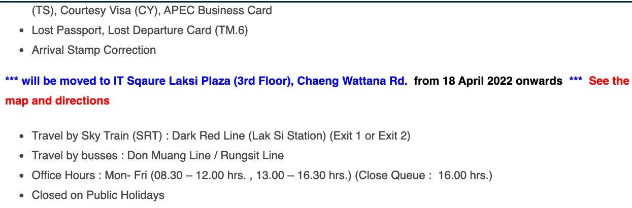 Immigration Division 1 announcement for Counter K services and its move to IT Square Laksi Plaza, 3rd floor, with train directions and hours.