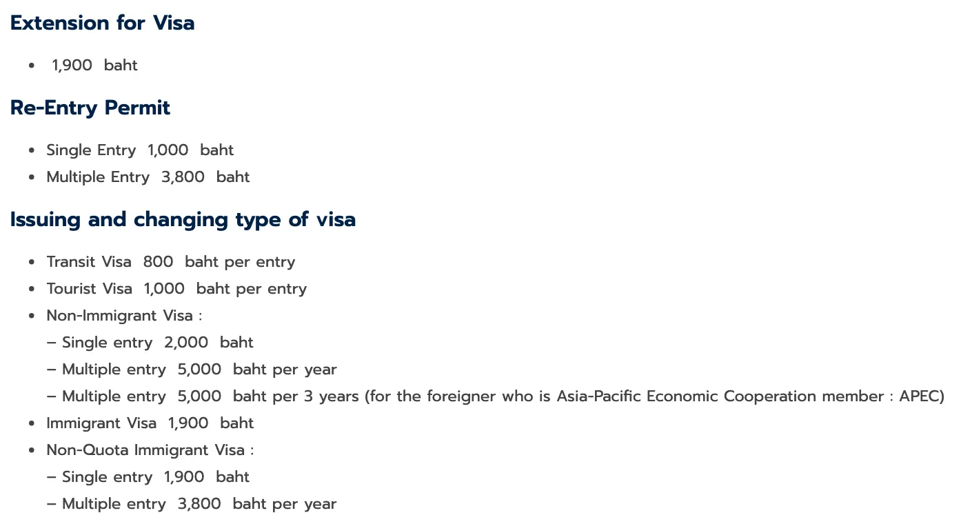 Bangkok Immigration Division 1 fee page with the extension fee at the top, then the re-entry permit and visa fees.