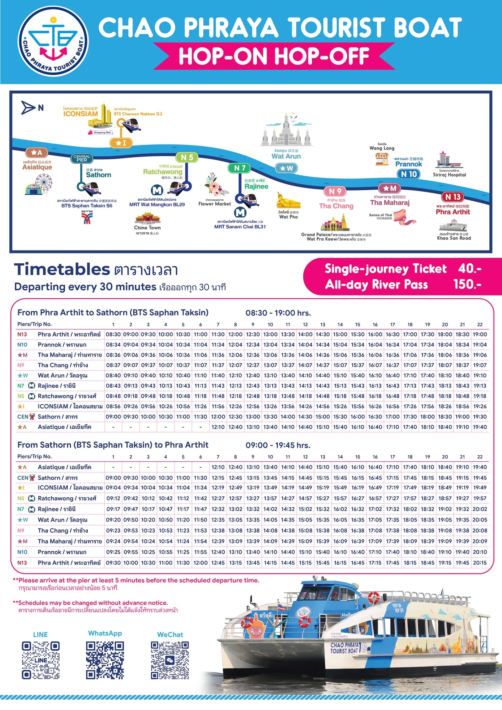 Chao Phraya Tourist Boat poster with the route map, prices of 40 baht single and 150 baht all-day, and the timetables between Phra Arthit and Sathorn.