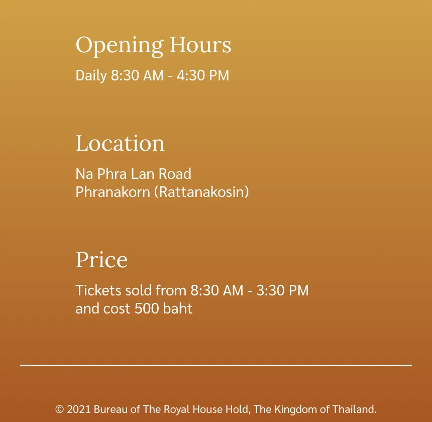 Grand Palace page footer showing opening hours 8:30 AM to 4:30 PM and tickets sold from 8:30 AM to 3:30 PM at 500 baht.
