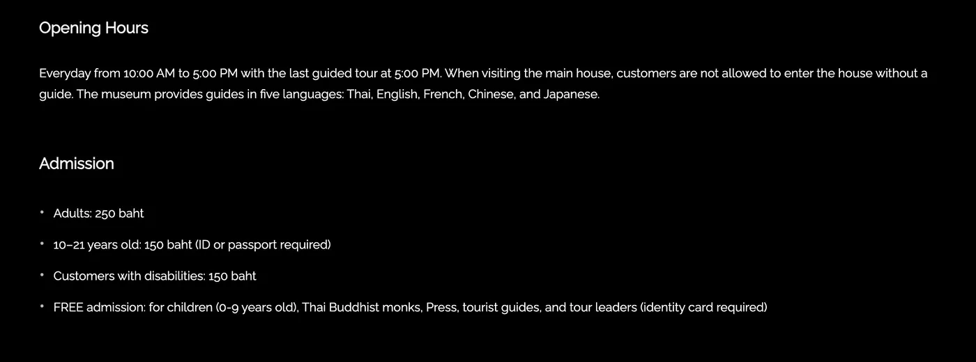 Jim Thompson House Museum visitor page with opening hours 10:00 to 17:00 and the admission list for adults, ages 10 to 21 and free groups.