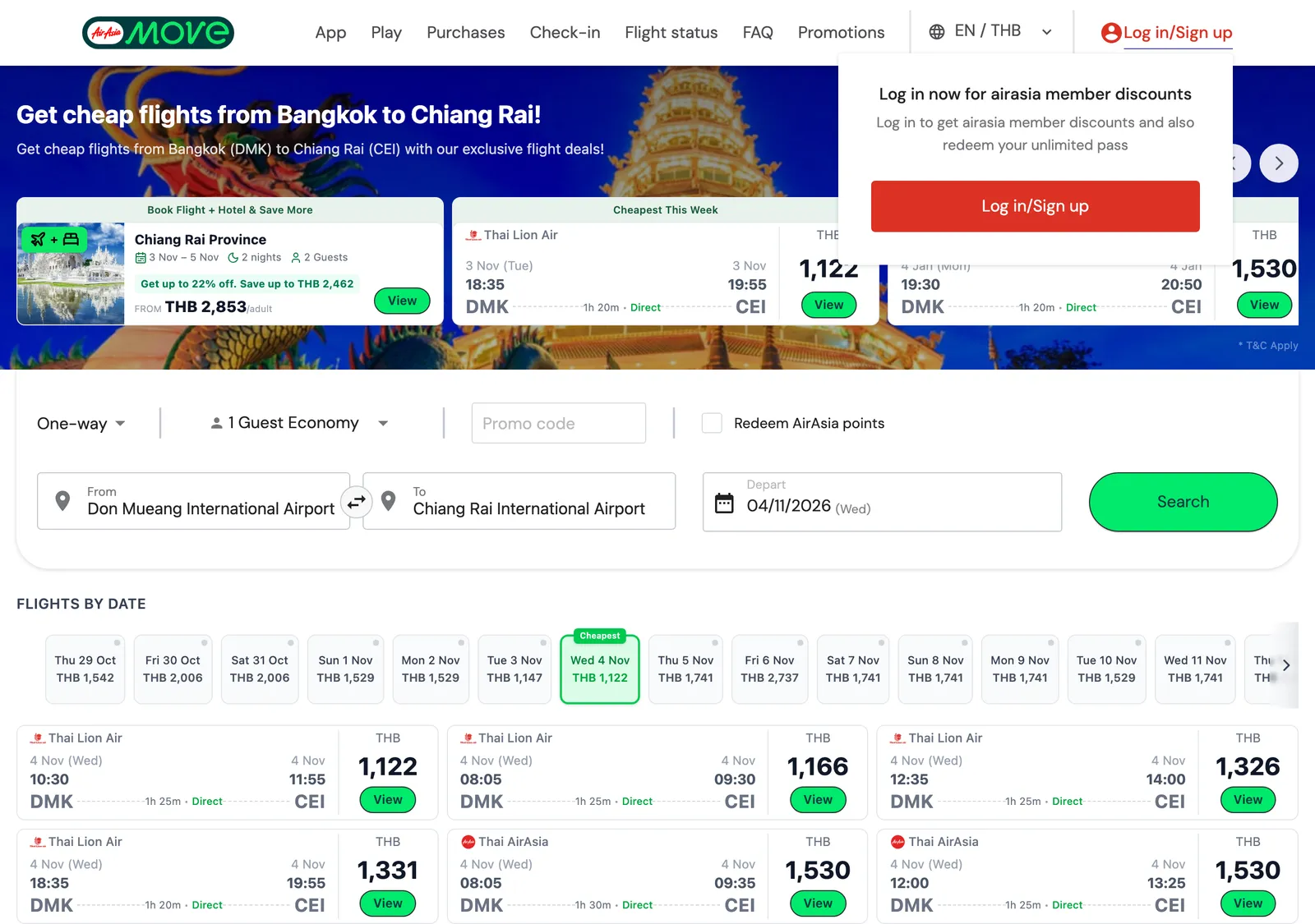 AirAsia fare page for Don Mueang to Chiang Rai showing a calendar of lowest daily fares and a list of direct flights with times.