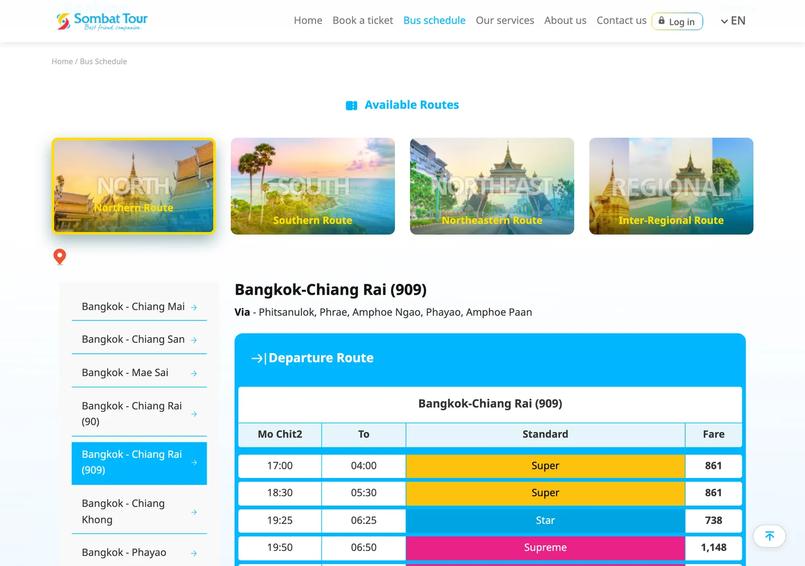 Sombat Tour schedule page for Bangkok to Chiang Rai route 909 with departure times from Mo Chit 2, bus class and fare in baht.
