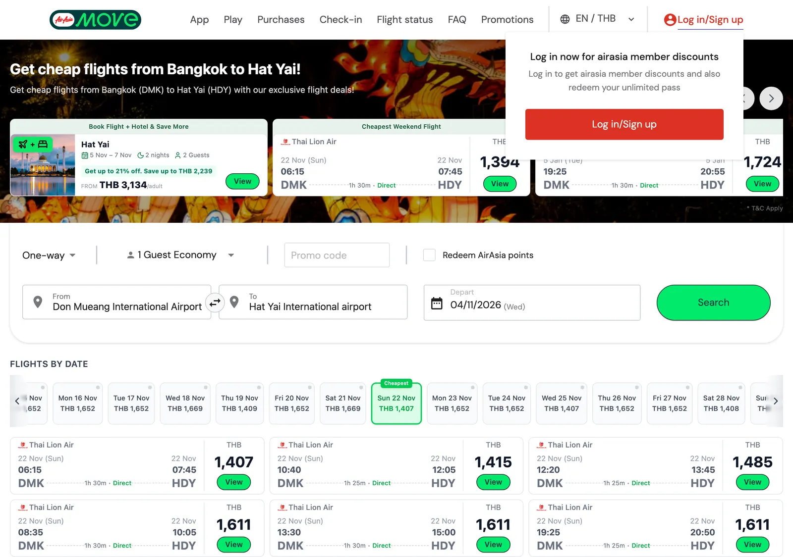 AirAsia fare page for Don Mueang to Hat Yai showing a row of dates with the lowest fare for each day and a list of Thai Lion Air direct flights.