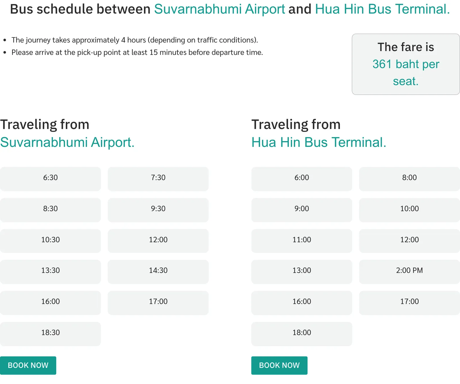 Coach operator timetable block for Suvarnabhumi Airport and Hua Hin Bus Terminal with the travel time, the fare box and two grids of departure times, one for each direction.