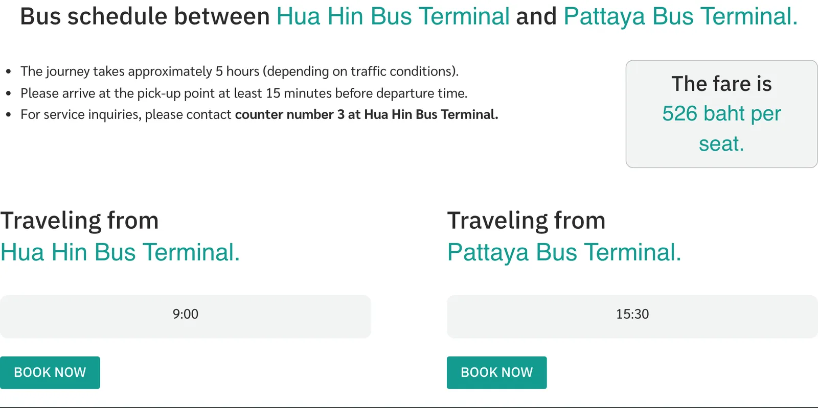 Coach operator timetable block for Hua Hin Bus Terminal and Pattaya Bus Terminal with the travel time, the fare box and one departure time for each direction.