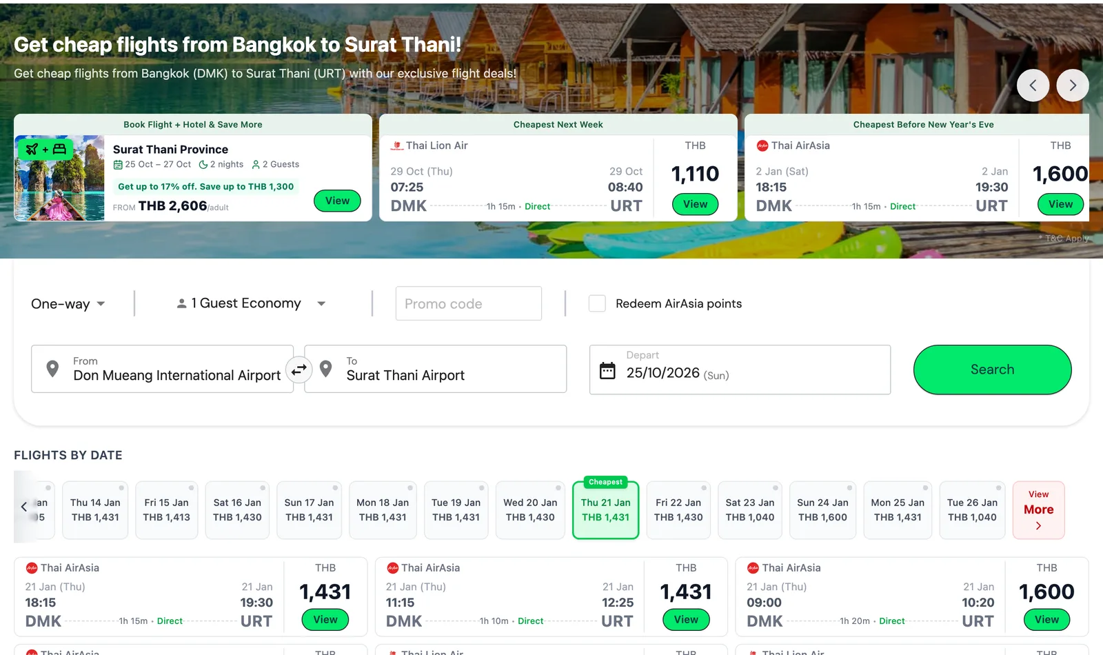 Flight search page for Don Mueang to Surat Thani showing highlighted Thai Lion Air and Thai AirAsia flights with times and a price in baht, and a list of flights by date below.
