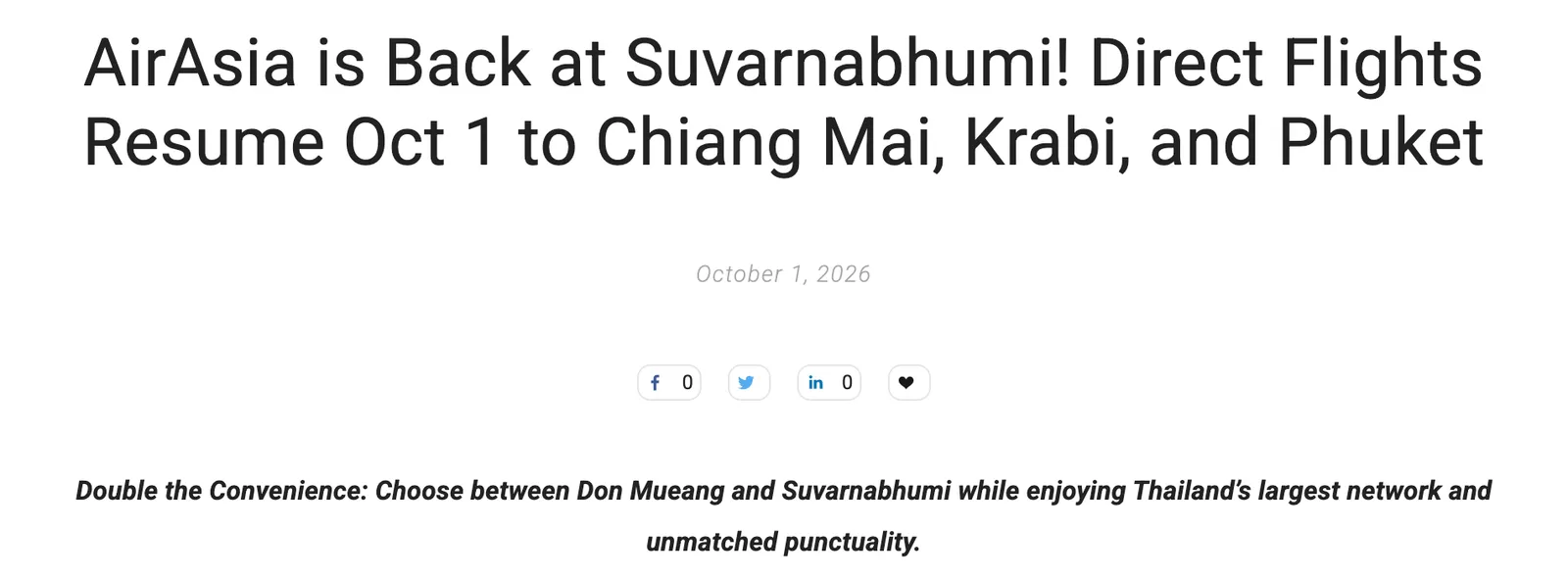 AirAsia newsroom article headline announcing the return to Suvarnabhumi with direct flights to Chiang Mai, Krabi and Phuket.