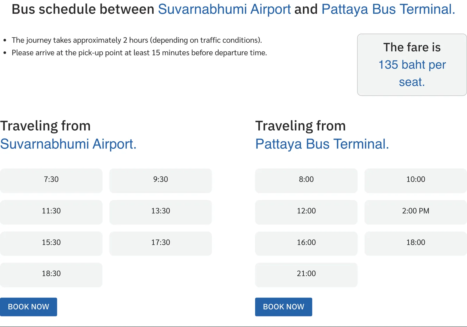Coach operator timetable block for Suvarnabhumi Airport and Pattaya Bus Terminal with the travel time, the fare box and two grids of departure times, one for each direction.