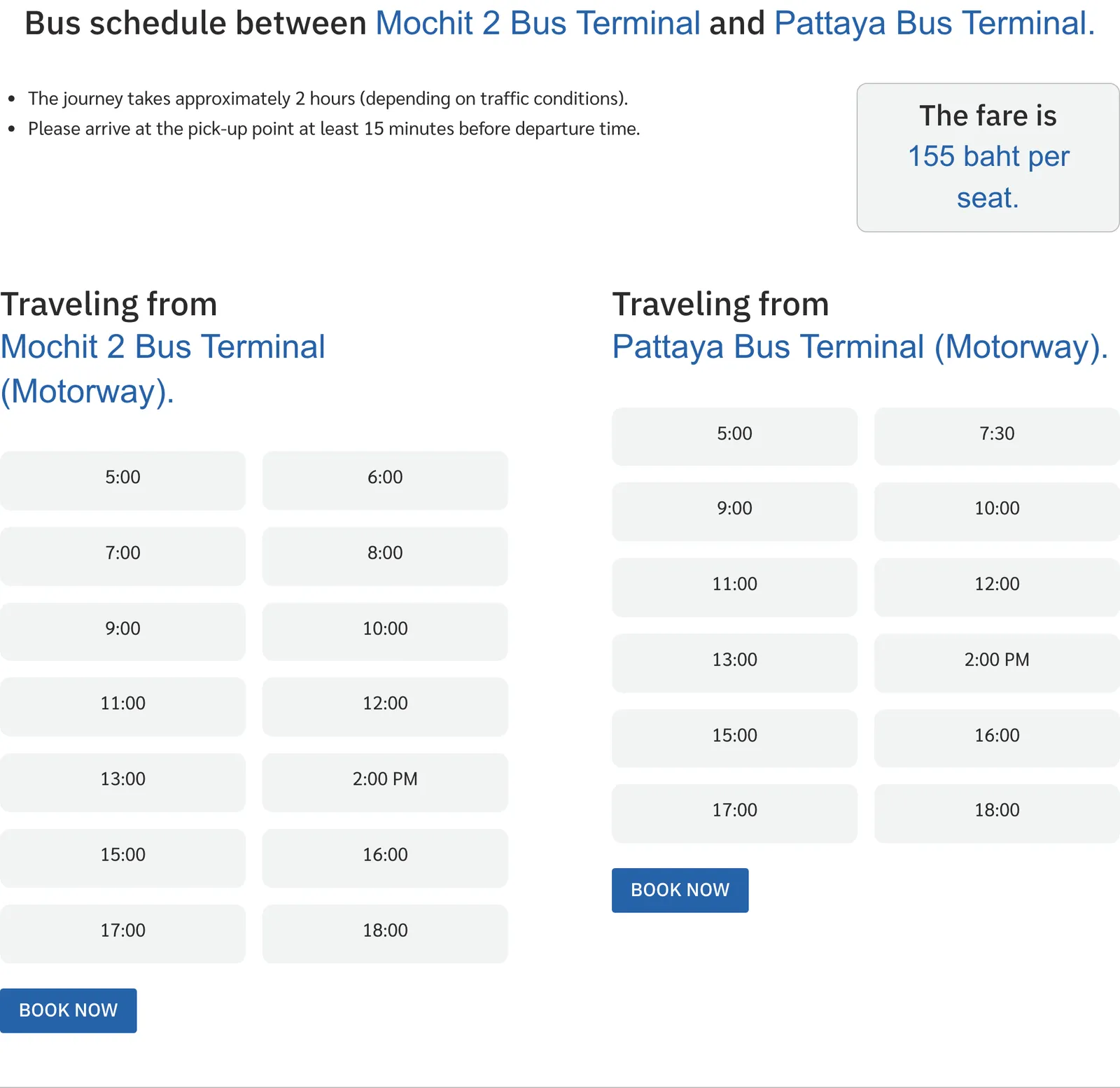 Coach operator timetable block for Mo Chit 2 Bus Terminal and Pattaya Bus Terminal with the travel time, the fare box and two grids of departure times, one for each direction.