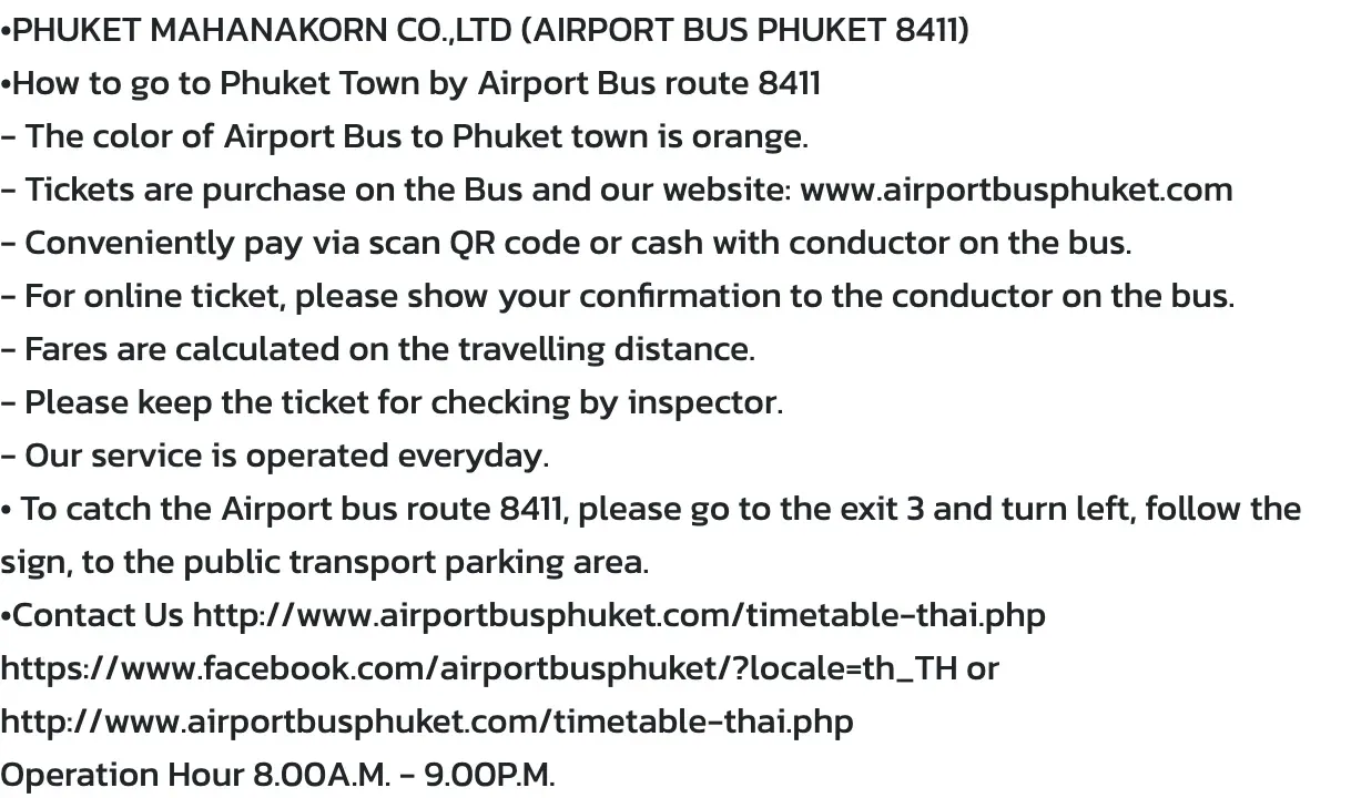 Airports of Thailand page for the airport bus to Phuket Town, route 8411, with the exit to use, how to pay and the operating hours.