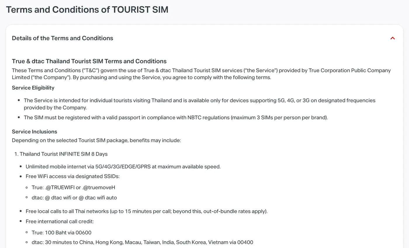 Opened terms and conditions block for the True and dtac Thailand Tourist SIM, with the eligibility and inclusions sections.