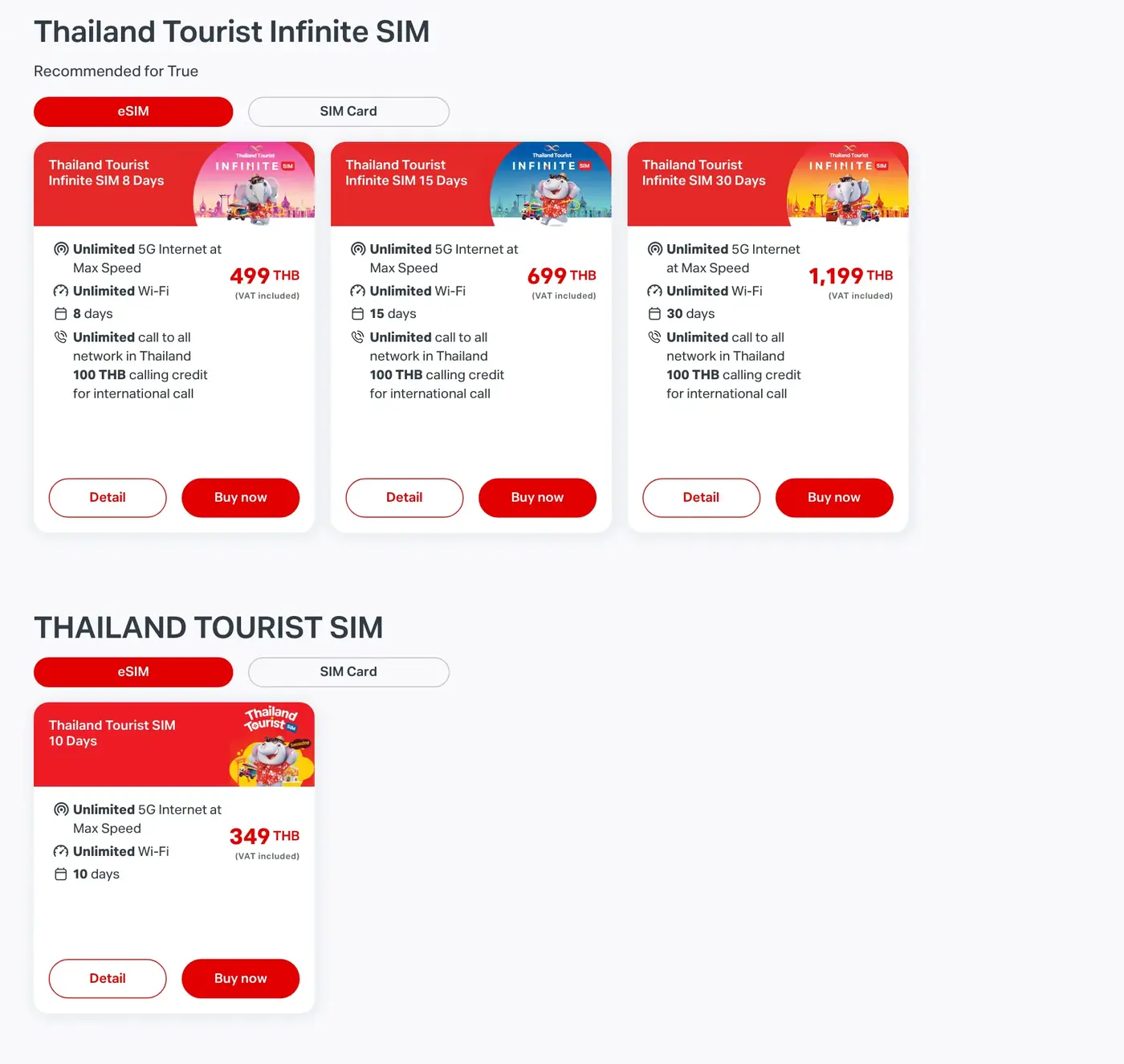 True page with three Infinite SIM cards and a ten-day Tourist SIM card, with eSIM and SIM Card tabs above them.