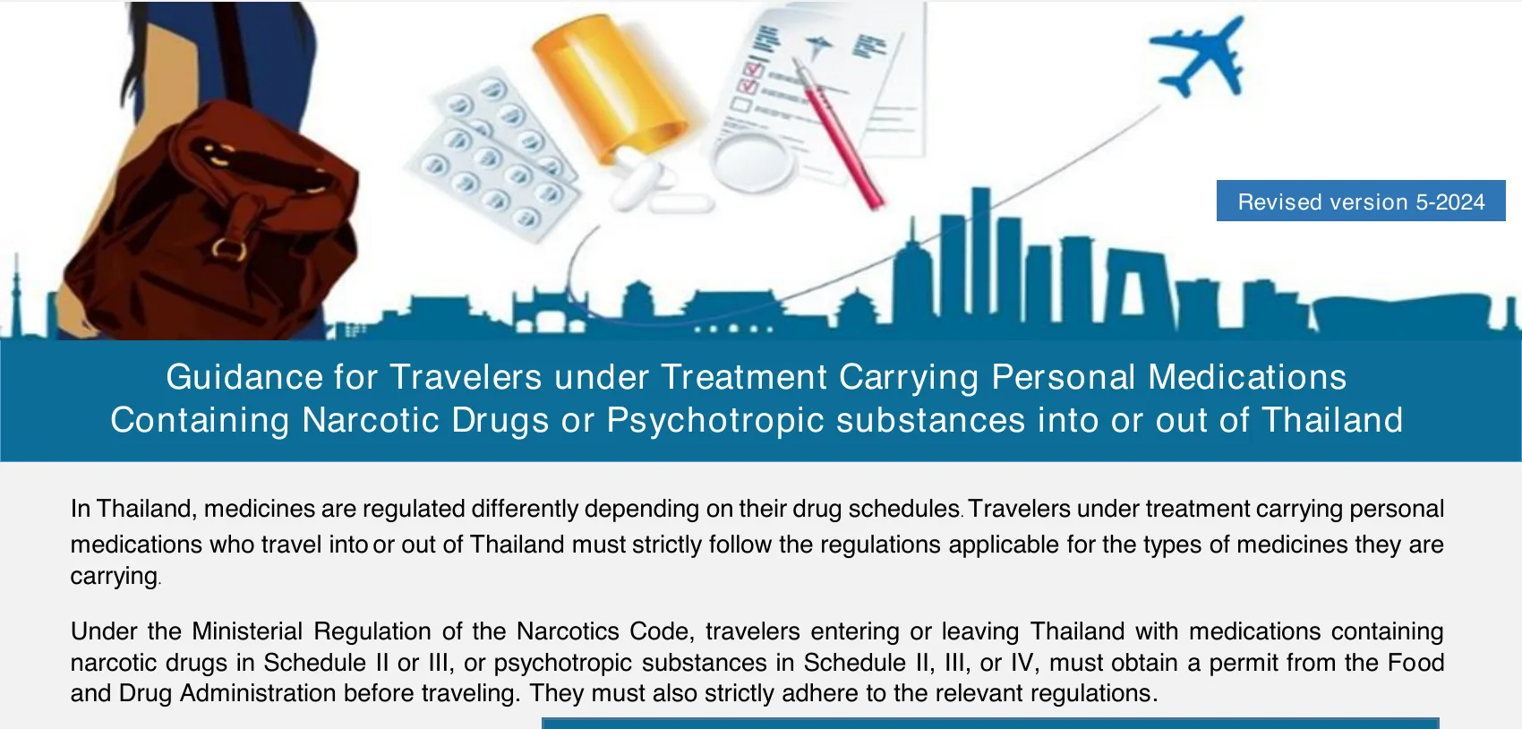 Top of the Thai FDA flyer for travellers carrying personal medication, with a title banner and an introduction on permits for narcotic and psychotropic medicines.
