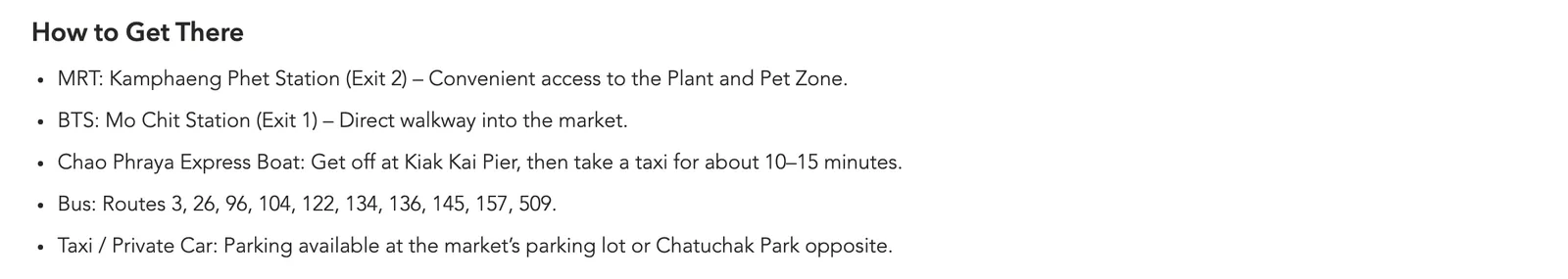 Government How to Get There list for Chatuchak Market: MRT Kamphaeng Phet Exit 2, BTS Mo Chit Exit 1, express boat to Kiak Kai Pier, buses and parking.