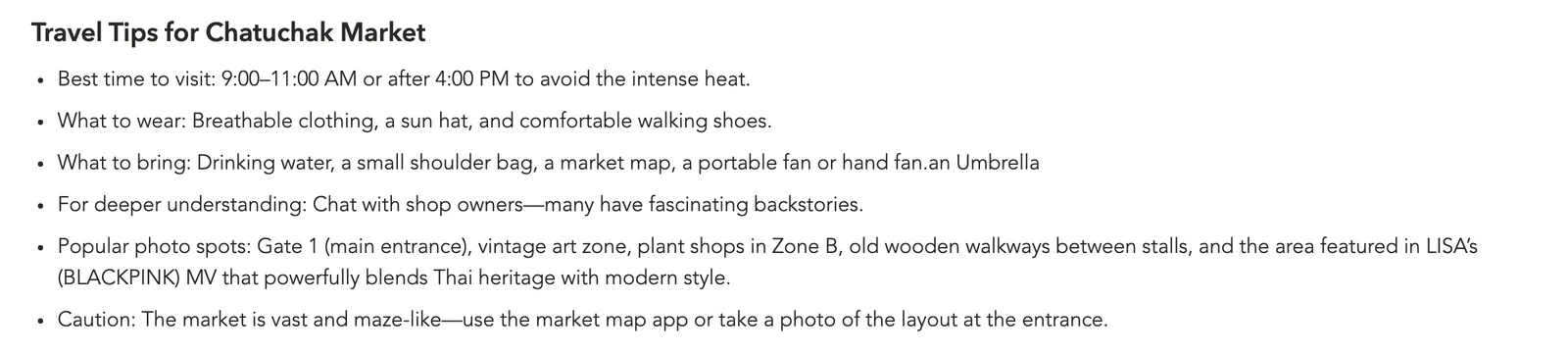 Government travel tips for Chatuchak Market: best time 9:00 to 11:00 AM or after 4:00 PM, what to wear and bring, and a warning that the market is maze-like.