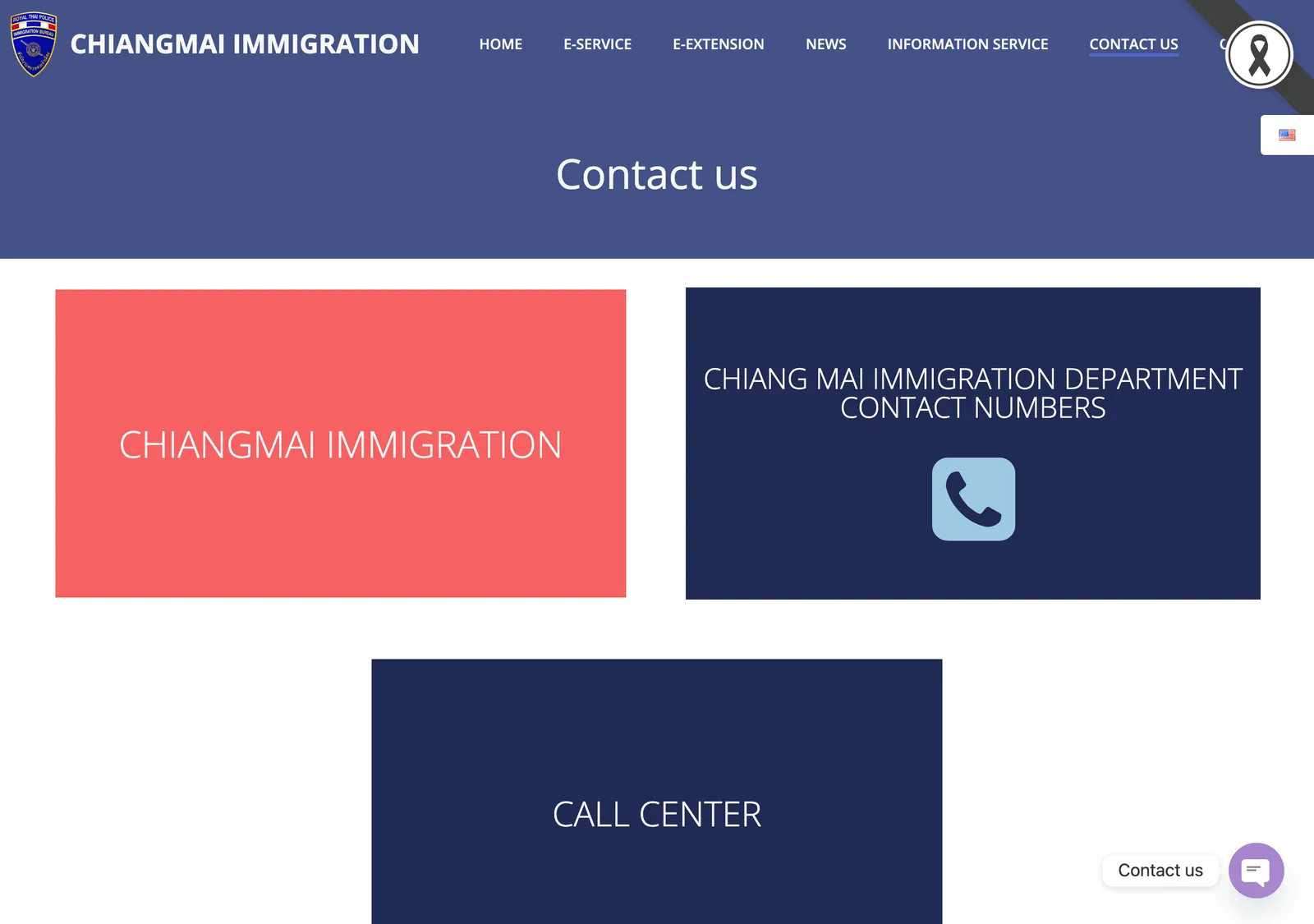 Contact page of the Chiang Mai immigration office with its telephone numbers, call centre number and Airport Road address.