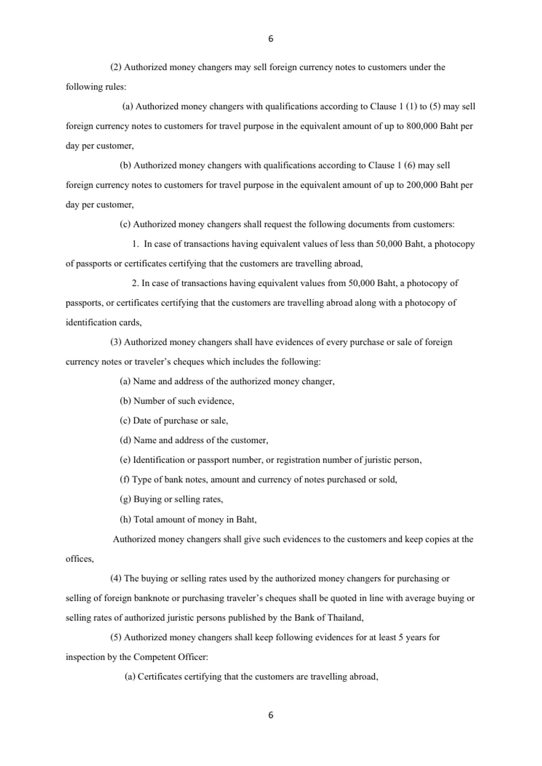 Page of the Bank of Thailand notice on authorized money changers listing the documents asked, the receipt details and the rate rule.