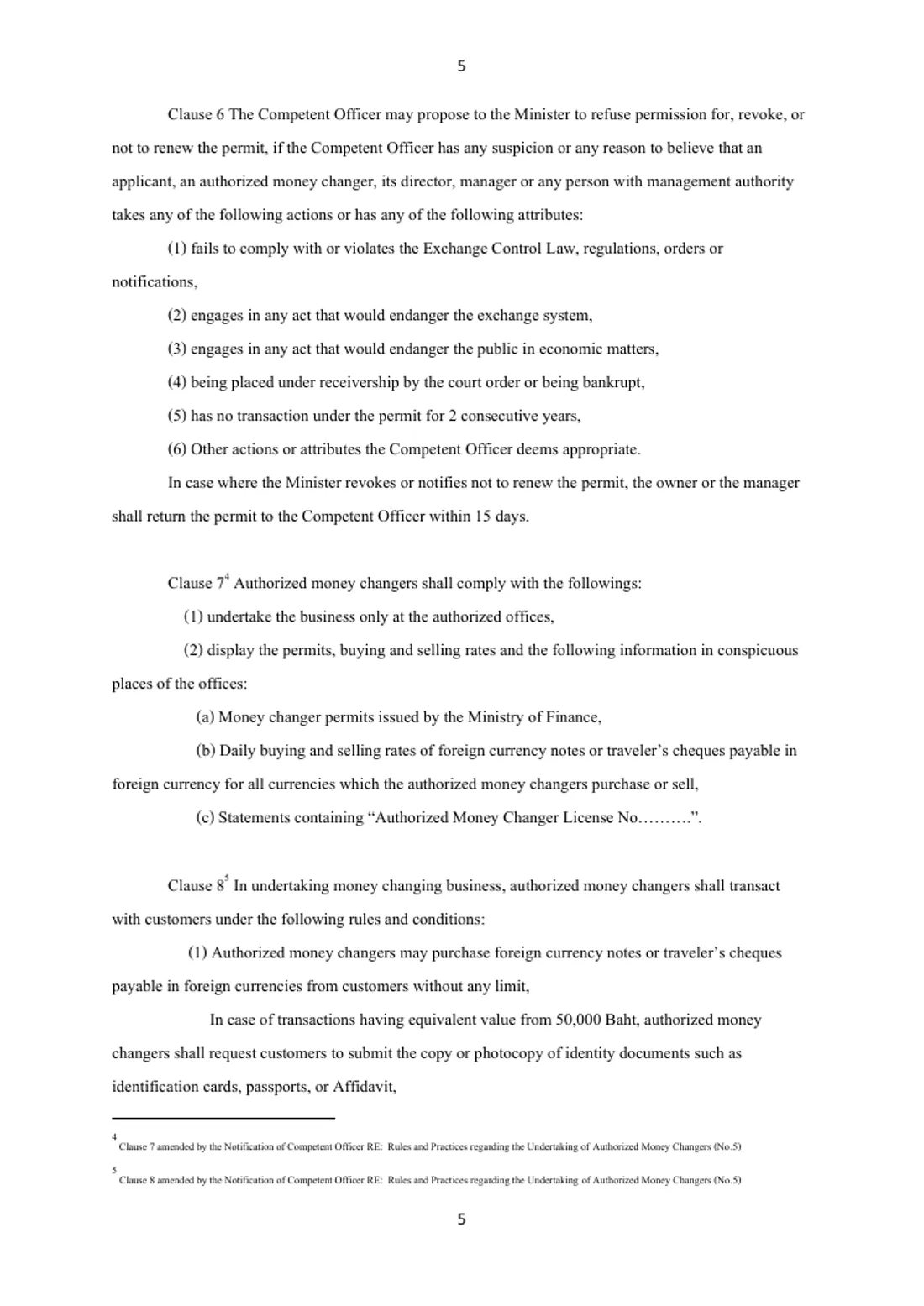 Page of the Bank of Thailand notice with the display rules for permits and rates and the first rule on buying foreign cash from customers.