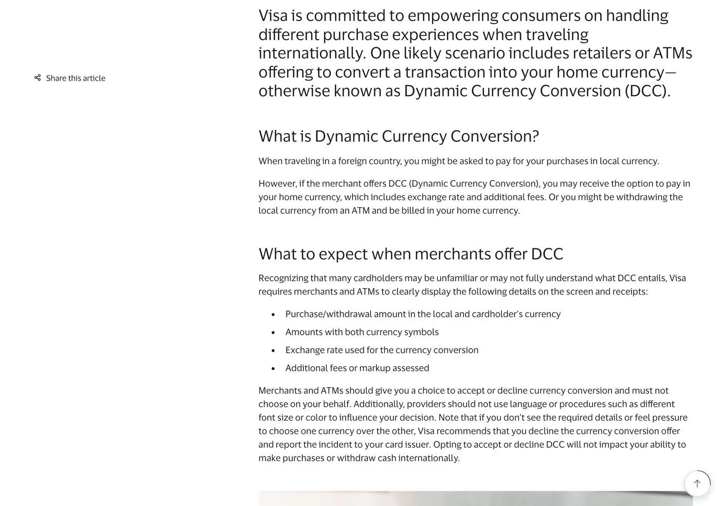 Visa explainer page on dynamic currency conversion with a bulleted list of the details shown on screen and receipt.
