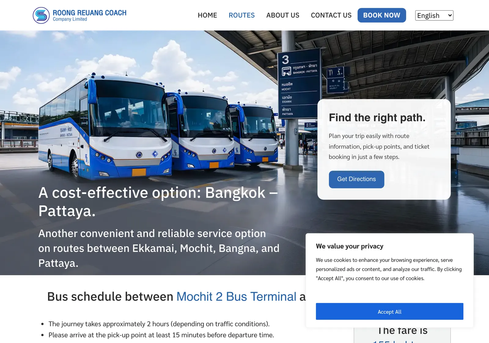 Airport Pattaya Bus page with a row of blue coaches and a schedule box for the Mo Chit 2 to Pattaya service