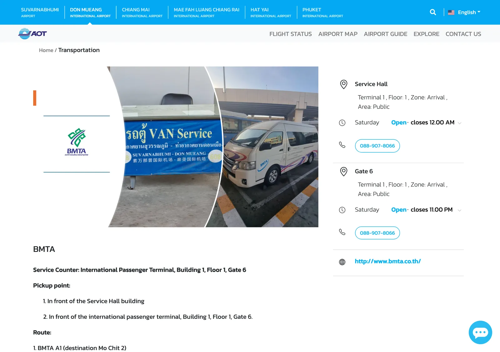 Airports of Thailand Don Mueang bus page with a photo of the BMTA van service sign and the pick-up point and route list below it