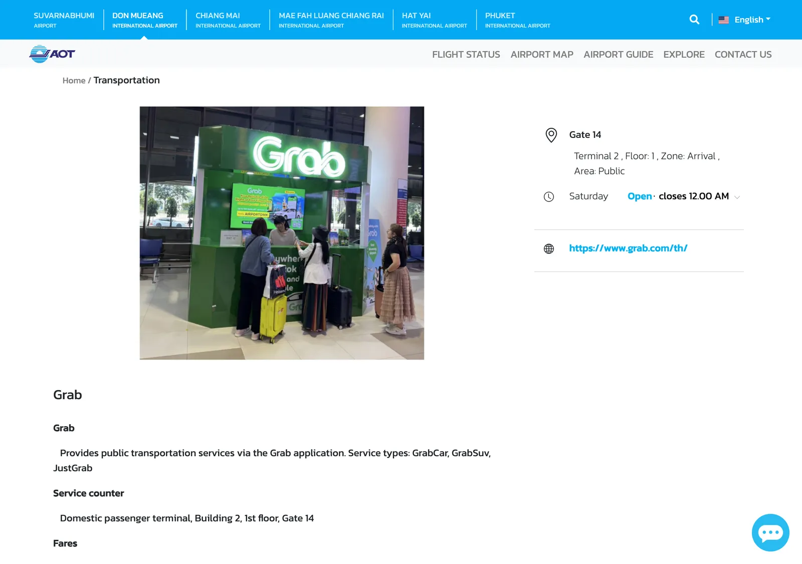 Airports of Thailand Don Mueang Grab page with a photo of the green Grab service counter