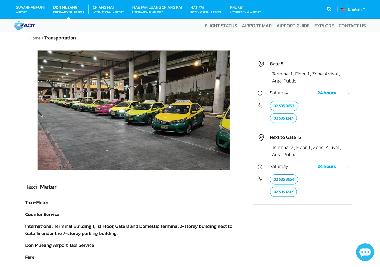 Airports of Thailand Don Mueang taxi page with a photo of a row of taxis waiting under a parking building and the counter locations below it