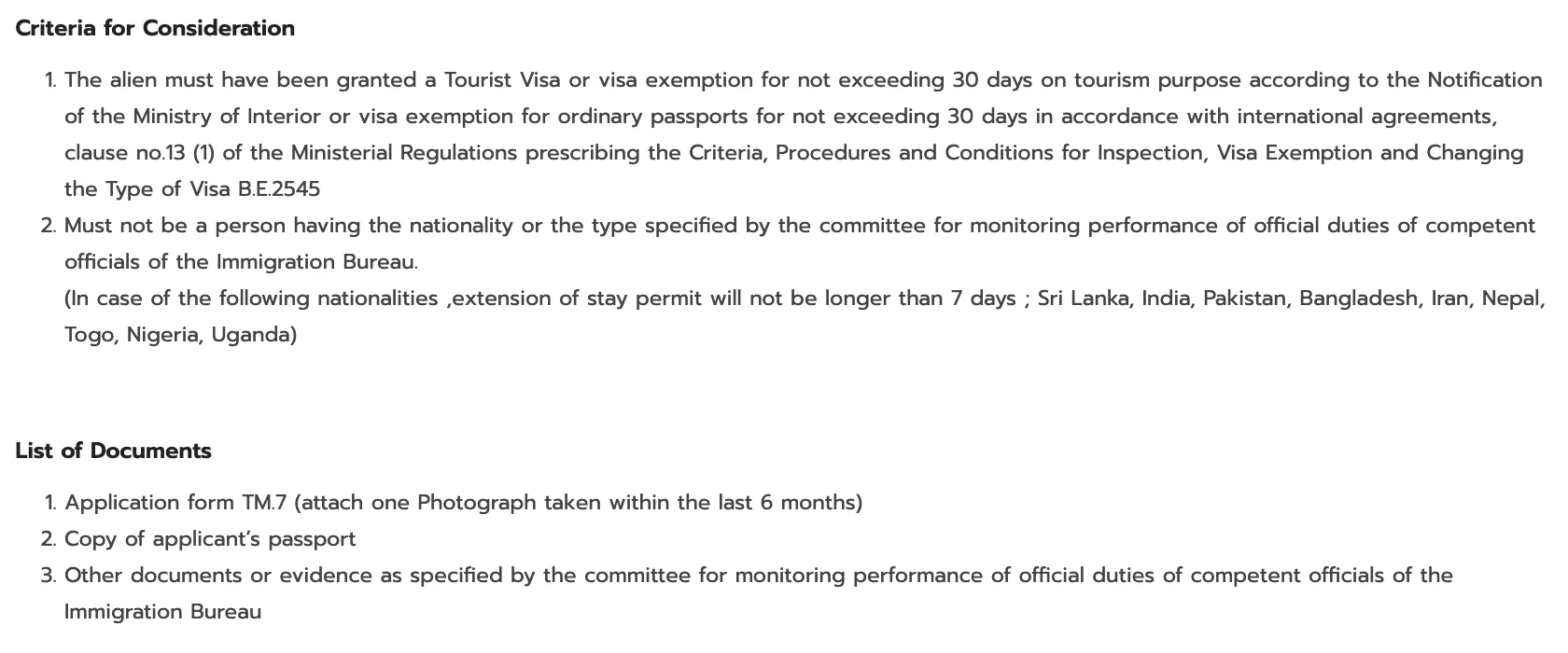Bangkok Immigration Division 1 web page listing the criteria and documents for a tourism extension of stay, with a list of nationalities and a form TM.7 line.