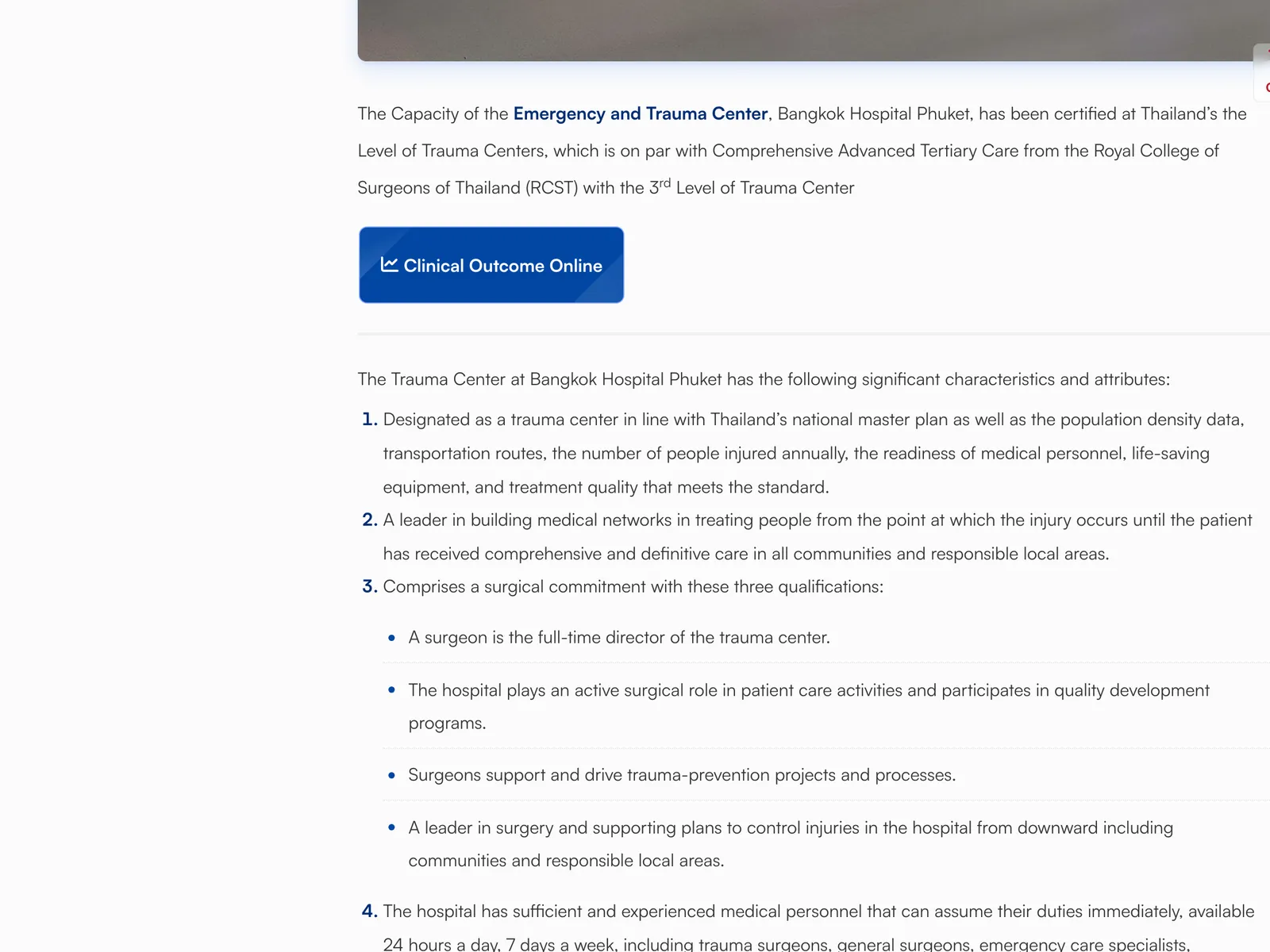 Hospital web page text about the emergency and trauma centre certified at the third trauma level, with a list of surgical qualifications.