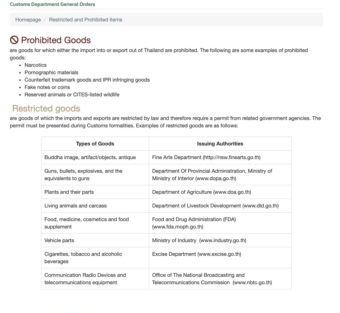 Thai Customs Department page listing banned goods and a table of permits for restricted goods
