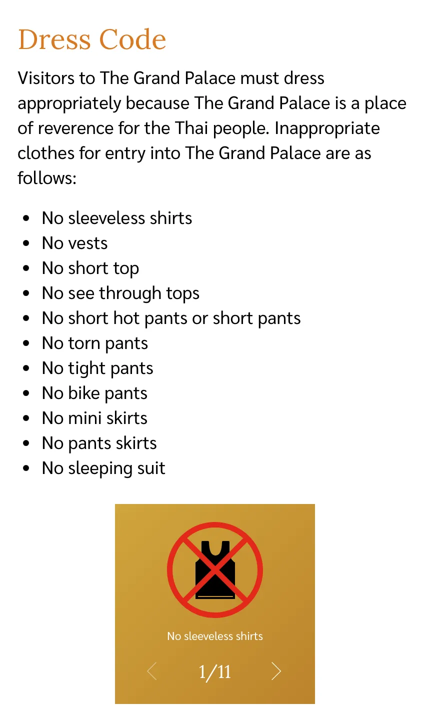 Grand Palace page headed Dress Code with a bulleted list of clothing items