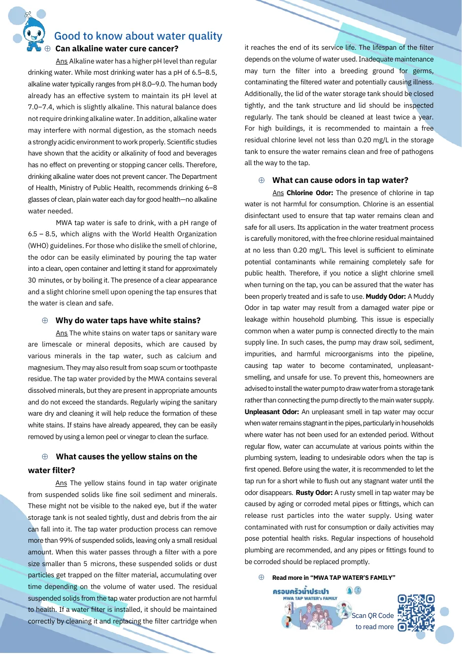 Page of the MWA 2025 report with questions and answers about water quality and storage tanks