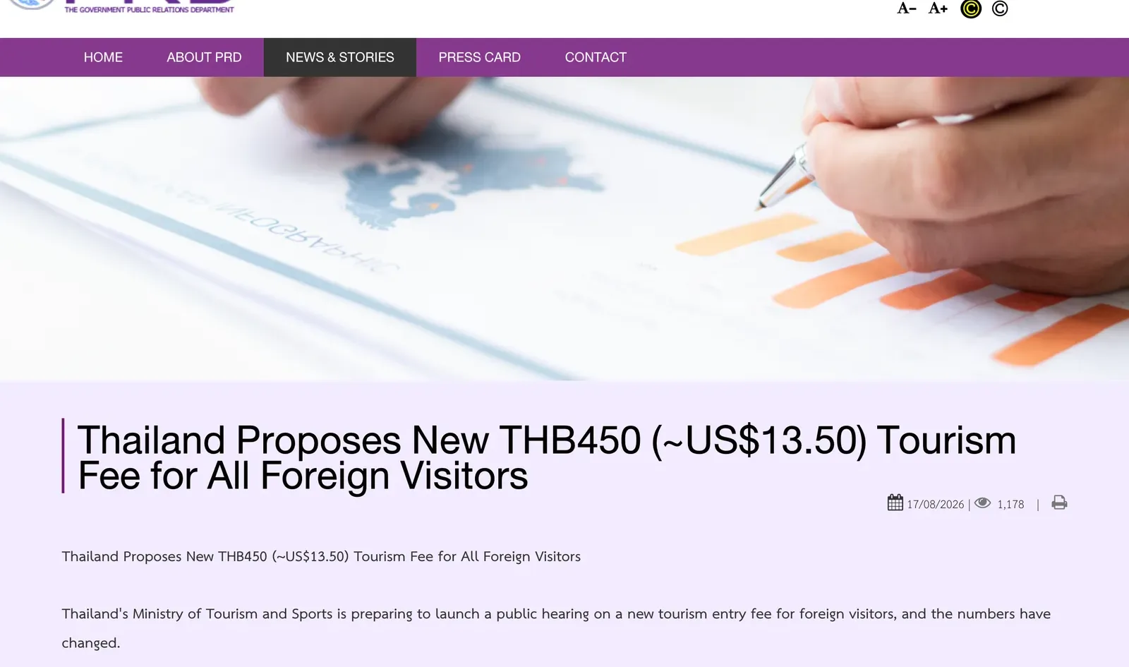 Government Public Relations Department web page headline in English about a proposed tourist entry fee