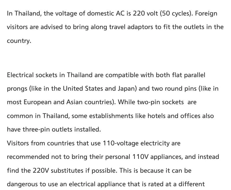 Tourism Authority of Thailand electricity page with text on voltage and socket types