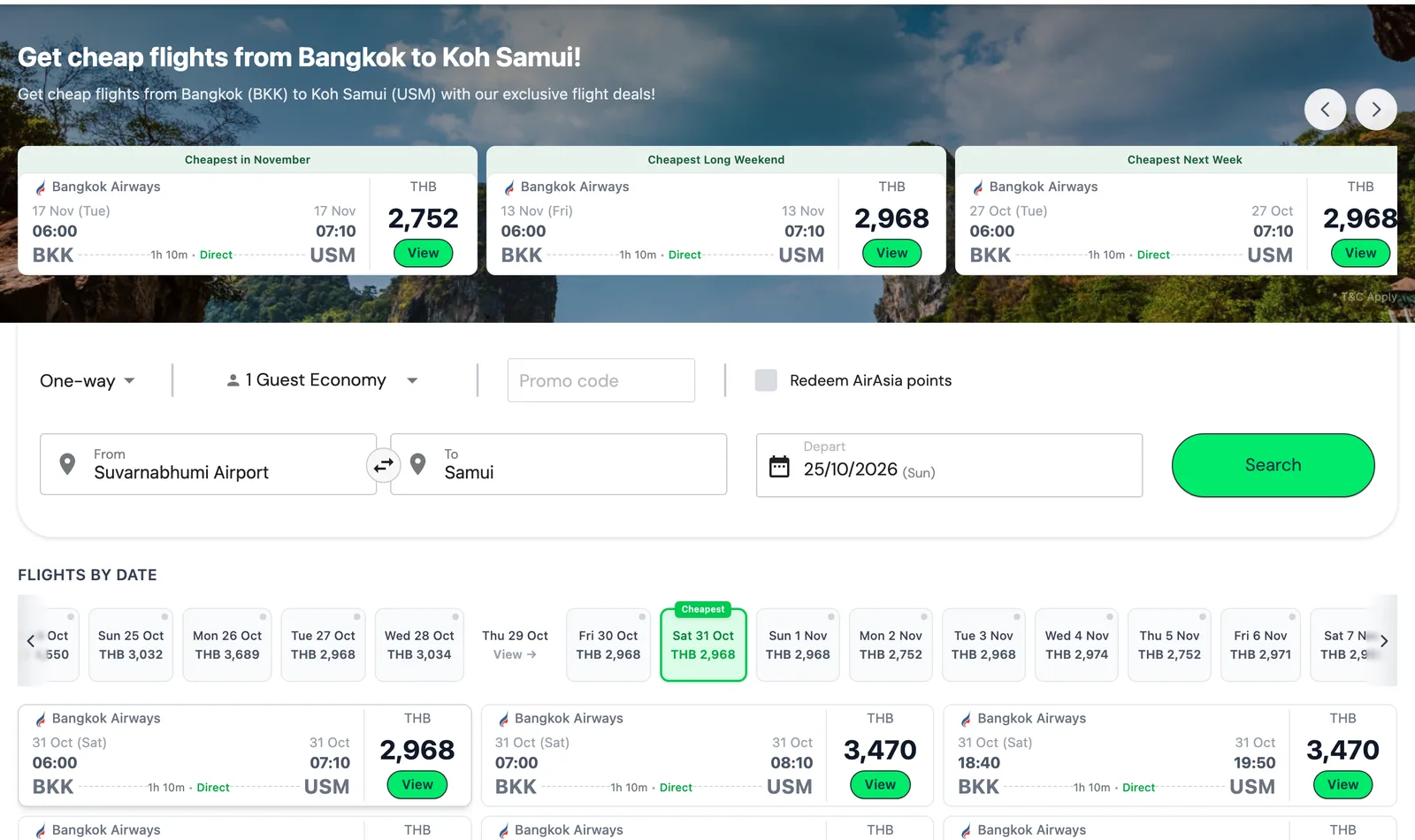 Flight search page for Bangkok to Koh Samui showing three highlighted Bangkok Airways flights with departure and arrival times and a price in baht, and a list of flights by date below.