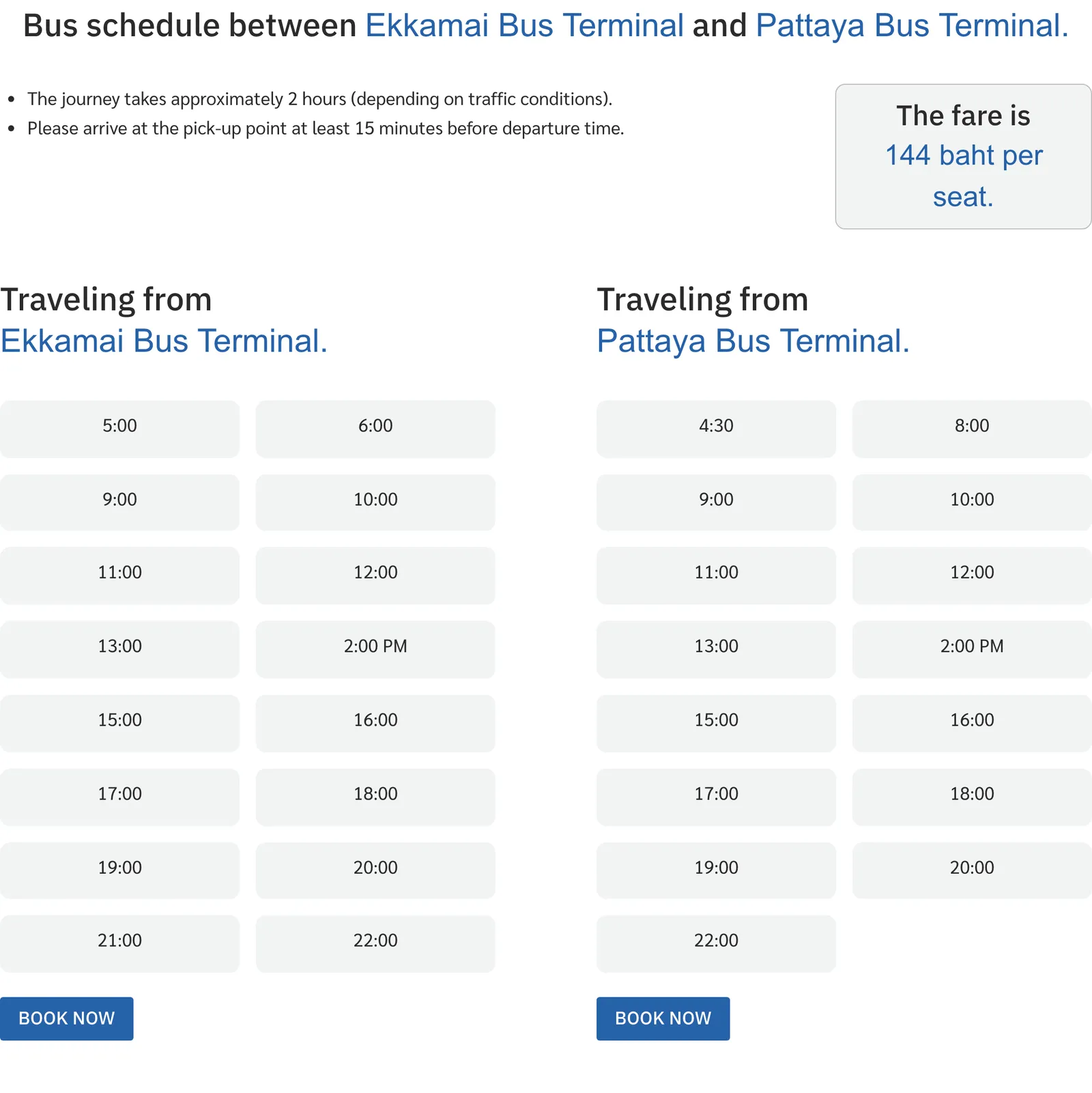 Coach operator timetable block for Ekkamai Bus Terminal and Pattaya Bus Terminal with the travel time, the fare box and two grids of departure times, one for each direction.