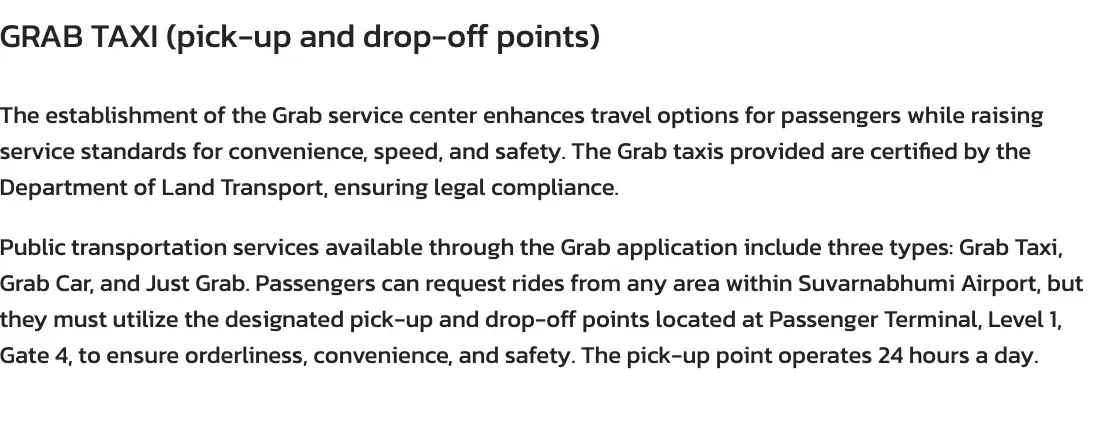 Airports of Thailand page text about the Grab service centre, its pick-up point and the Department of Land Transport certification.